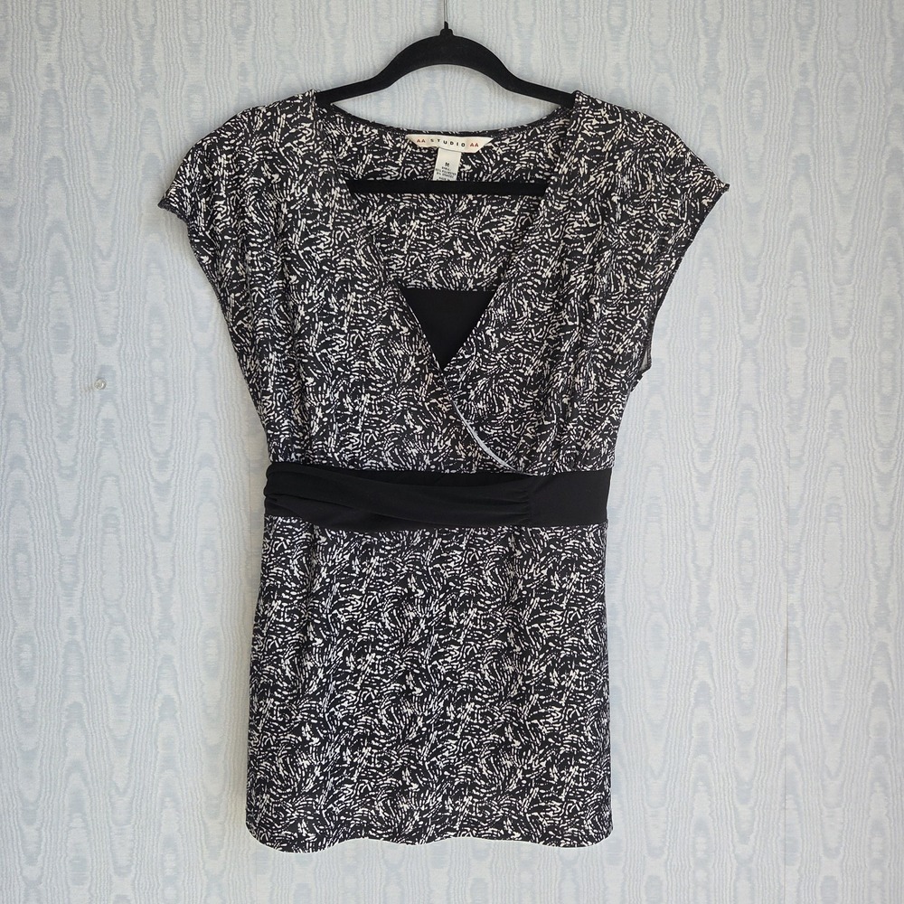 Vtg Y2K AA Studio M Tie Waist Top Babydoll Surplice Cap Sleeve‎ Career Dressy